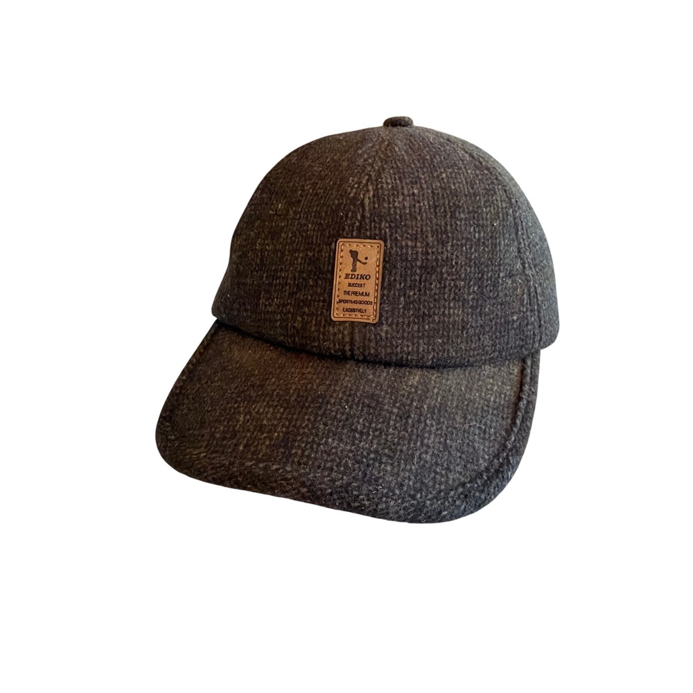 Ediko Baseball Cap Charcoal Gray Wool Blend Winter Hat with Fold Down Ear Flaps